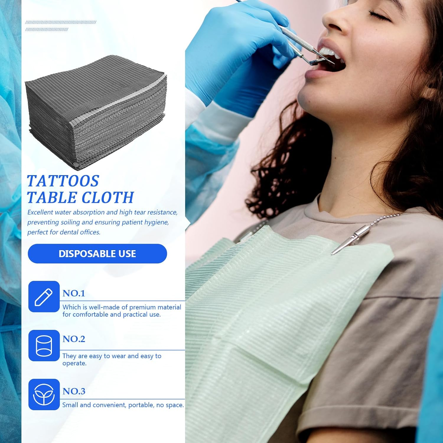 HOODANCOS 125Pcs Waterproof Disposable Strapless Dental Bibs Black, Wear-Resistant Oral Bibs for Dental Clinics, Tattoo Salons, and Beauty Treatments image number 6