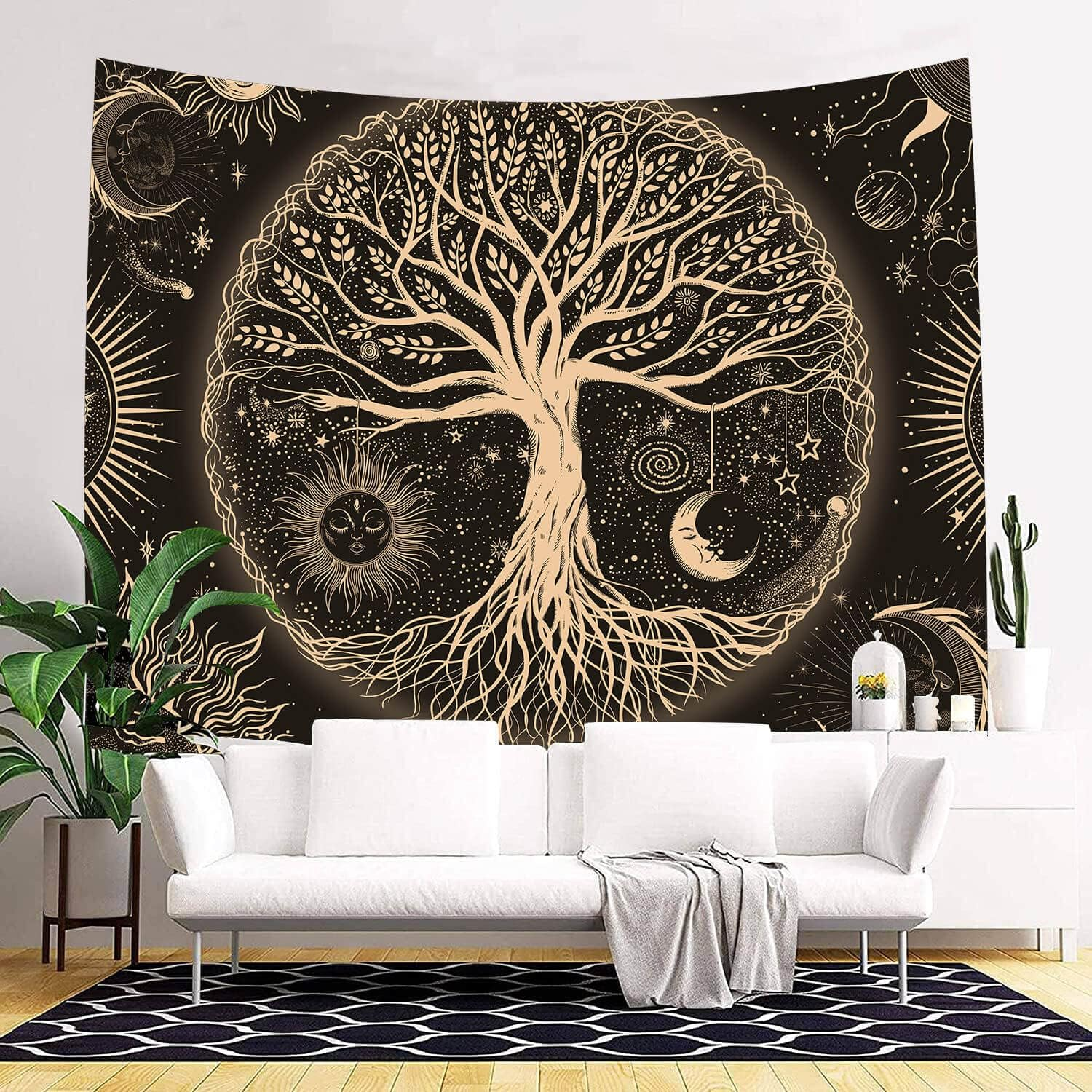 Psychedelic Astrology Tapestry Sun and Moon Wall Hanging Blanket Aesthetic Black and White Wall Tapestry for Living Room Bedroom Home Decor (53&lsquo;&rsquo;X61'', Black and Gold) image number 7