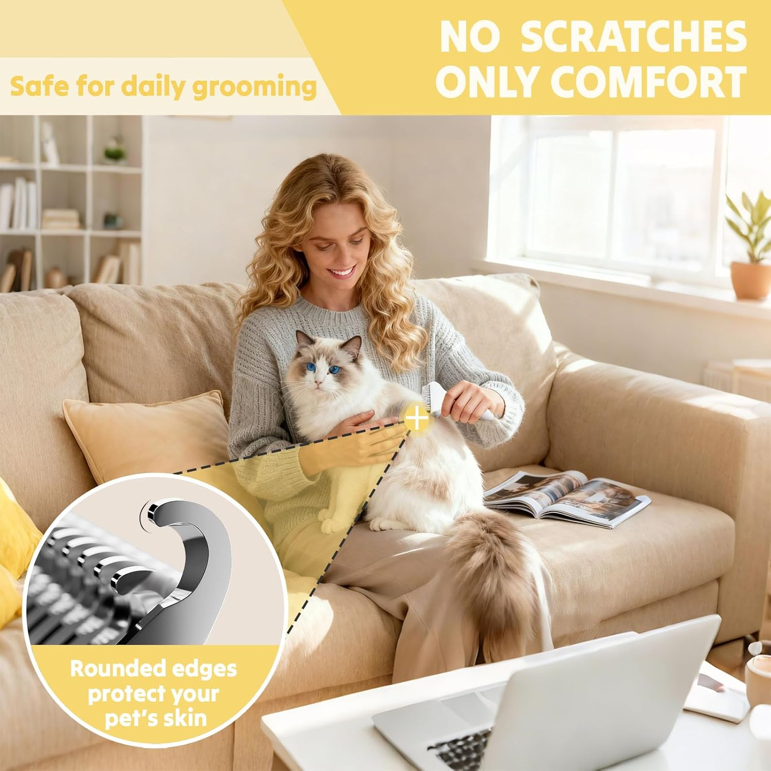 Cat & Dog Grooming Brush &ndash; Dematting Comb & Undercoat Rake for Medium to Long Hair Pets, Easy One-Click Hair Removal image number 6