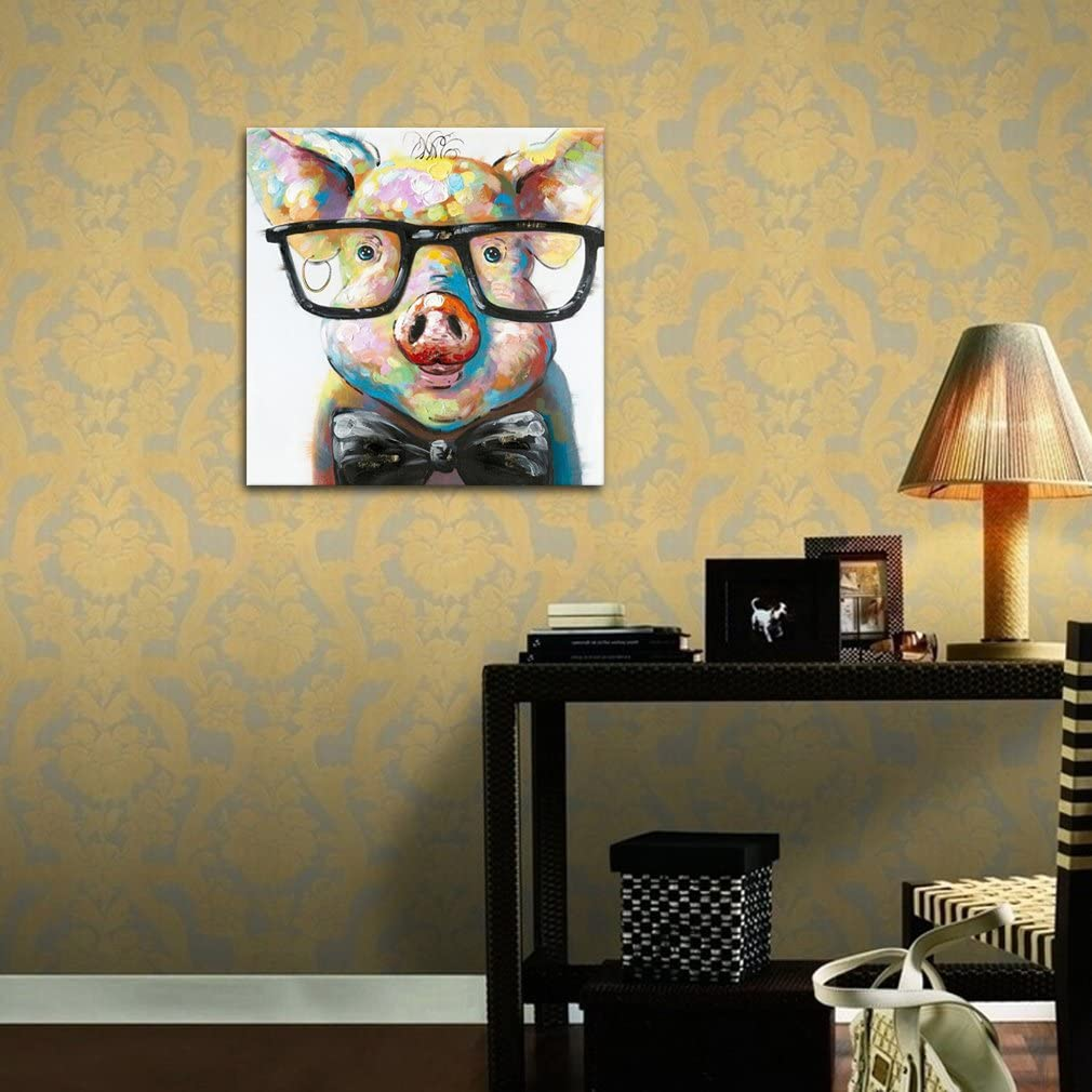 Muzagroo Art Cut Pig with Glasses Paintings for Living Room Hand Painted Oil Paintings with Raised Texture on Canvas Wall Art Stretched Ready to Hang (24X24Inches)