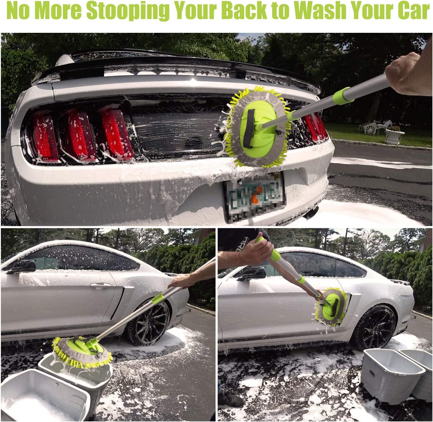 Bluefire 2 in 1 Car Wash Mop Mitt Chenille Microfiber Car Wash Brush with 44.5" Long Handle, 180&deg; Rotation Cleaning Tool Brush Duster for Truck RV Bus(Green) image number 6