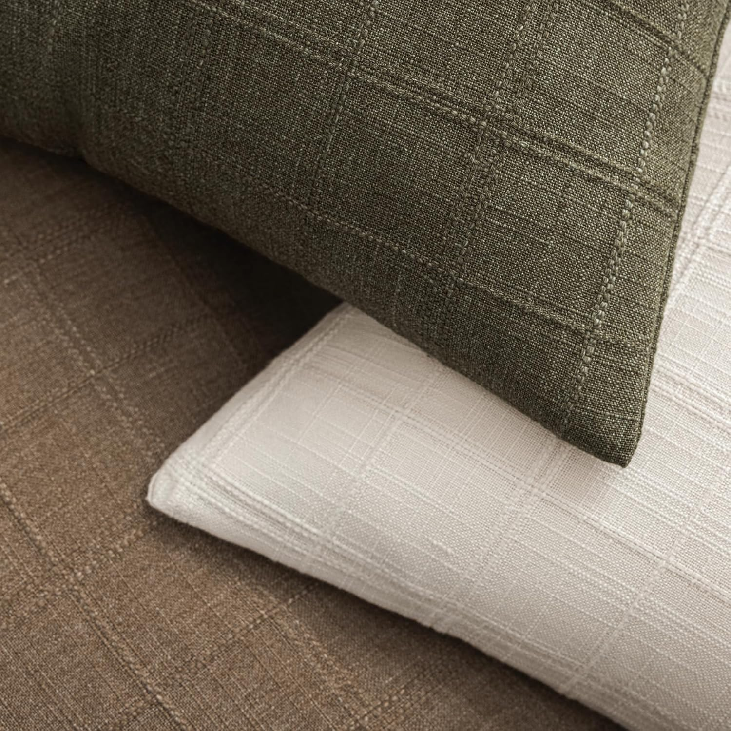 Linen Throw Pillow Covers 20X20 Inch Set of 2, Olive Green Moss Green Vintage Plaid, Neutral Rustic Boho Farmhouse Decor for Couch Bedroom Living Room, Christmas & Modern Style image number 3