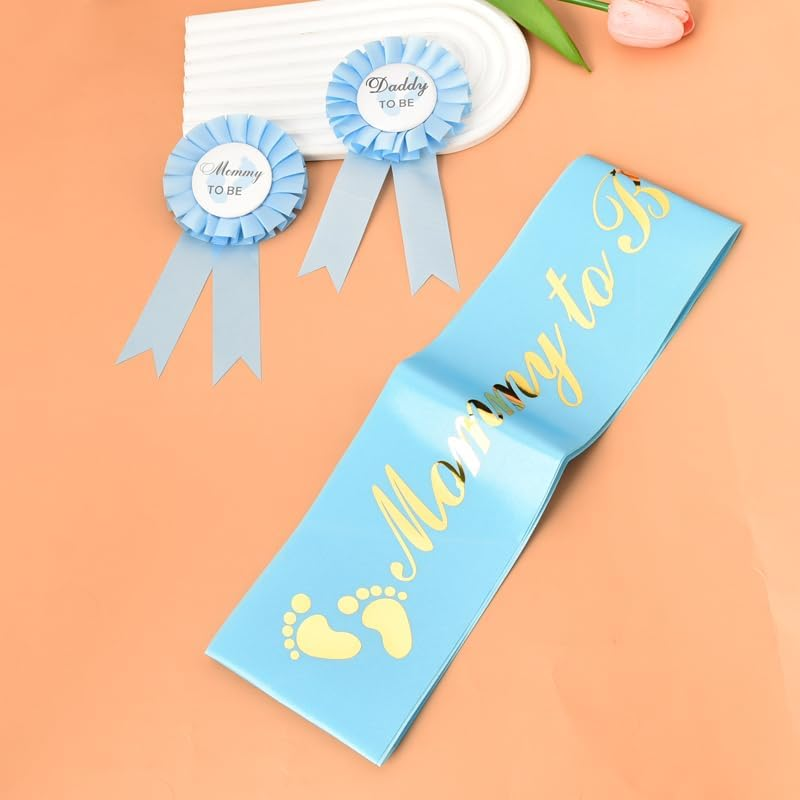Parent to Be Pins Sash for Baby Shower Boy Girl Gender-Neutral Mommy Daddy to Be Button Badges and Sash Set of 3 New Dad Mom Gifts for Women Men