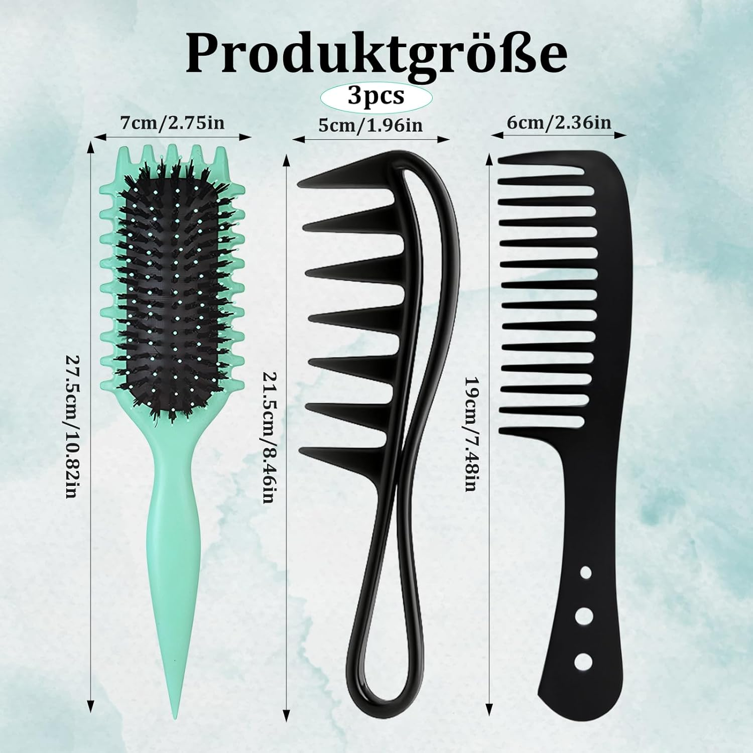 Pack of 3 Curling Brush, Hair Brush Curls, Green Curling Brush, Black Coarse Comb, Herringbone Comb, Ideal for Curls and Waves, Daily Styling and Travel image number 1
