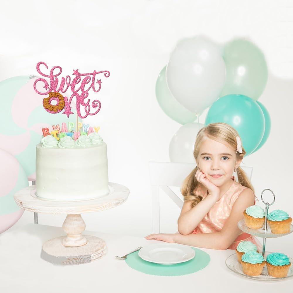 Confetti! Sweet Donut One Cake Topper | Candyland Sweet One | First Birthday Party Supplies | Baby Shower Decor，Donut 1St Themed Baby Shower Birthday Party Cake Supplies (Pink Glitter) image number 1