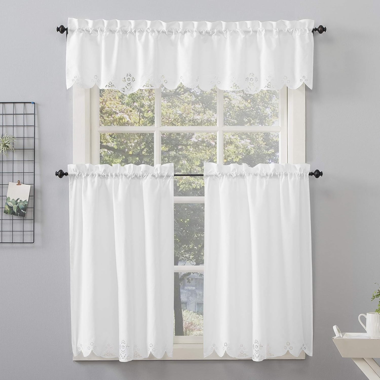 No. 918 Mariela Floral Trim Semi-Sheer Rod Pocket Kitchen Curtain Valance and Tiers Set, 58" X 24", White image number 3