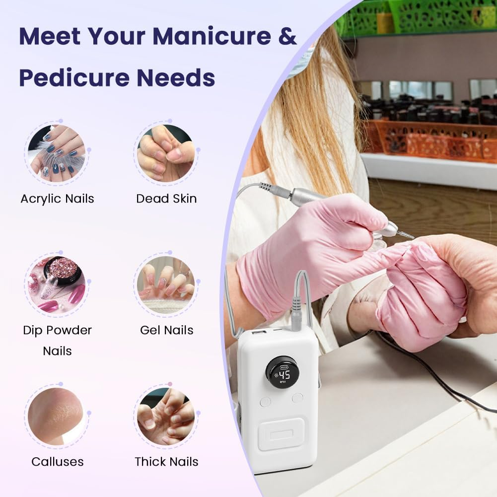 BUTBU Cordless Electric Nail Files, 13 in 1 Professional Rechargeable Electric Nail Drill Machine, 30000 RPM Portable E File Kit, Manicure Pedicure Set with 6 Drill Bits, for Home Salon (White) image number 5