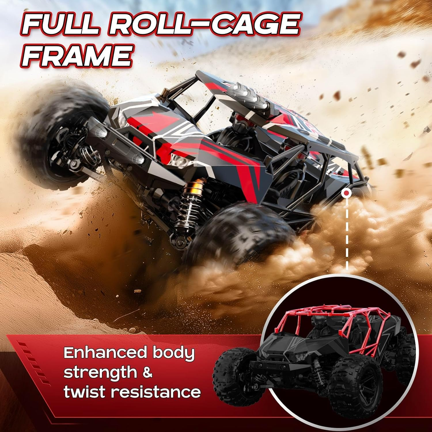 1/14 Brushless RC Car for Adults and Boys, Full Roll-Cage Frame, 4WD High-Speed 50 Km/H, All-Terrain Remote Control RC Truck with Two 2S 1500 Mah Lipo Batteries, Compatible with 3S Lipo image number 6