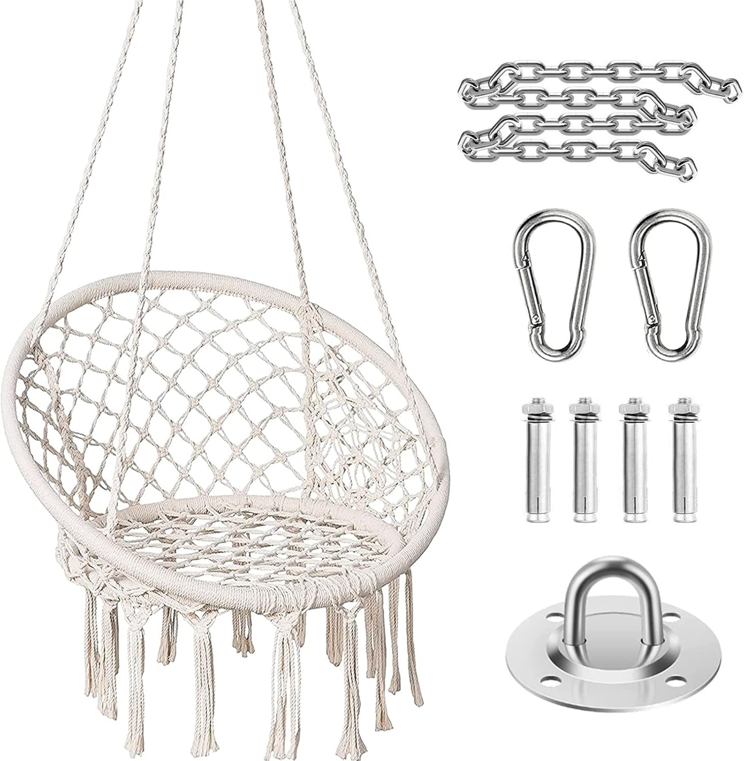 Hammock Chair, TOPIND round Hanging Macrame Swing, Handmade Knitted Cotton Rope Hammock Swing Chair with Hardware Kits, Capacity 330 Lbs, for Indoor, Outdoor, Bedroom, Patio, Yard, Deck, Garden (Grey)