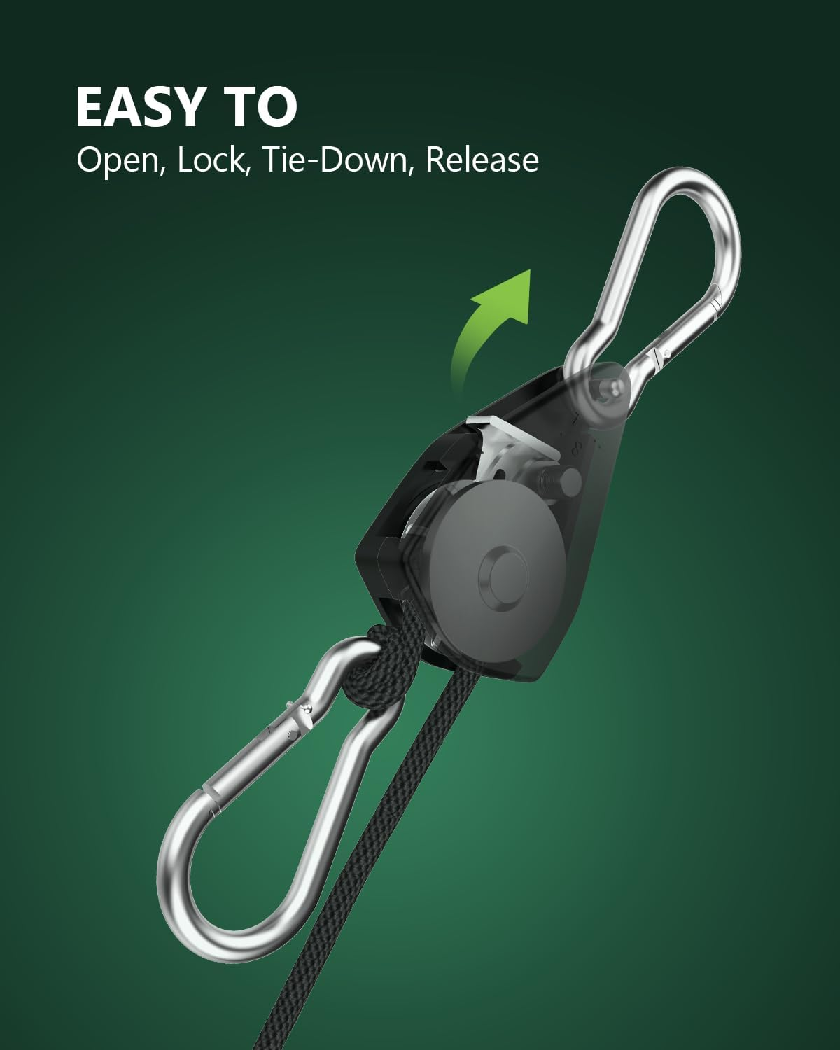 2-Pack 1/8&rdquo; Adjustable Rope Hanger, Heavy Duty Ratchet Tie down Strap with Reinforced Metal Gear, Ratcheting Pulley System Bungee Cord for Hanging Plants Grow Light and Various Tie-Down Uses image number 1