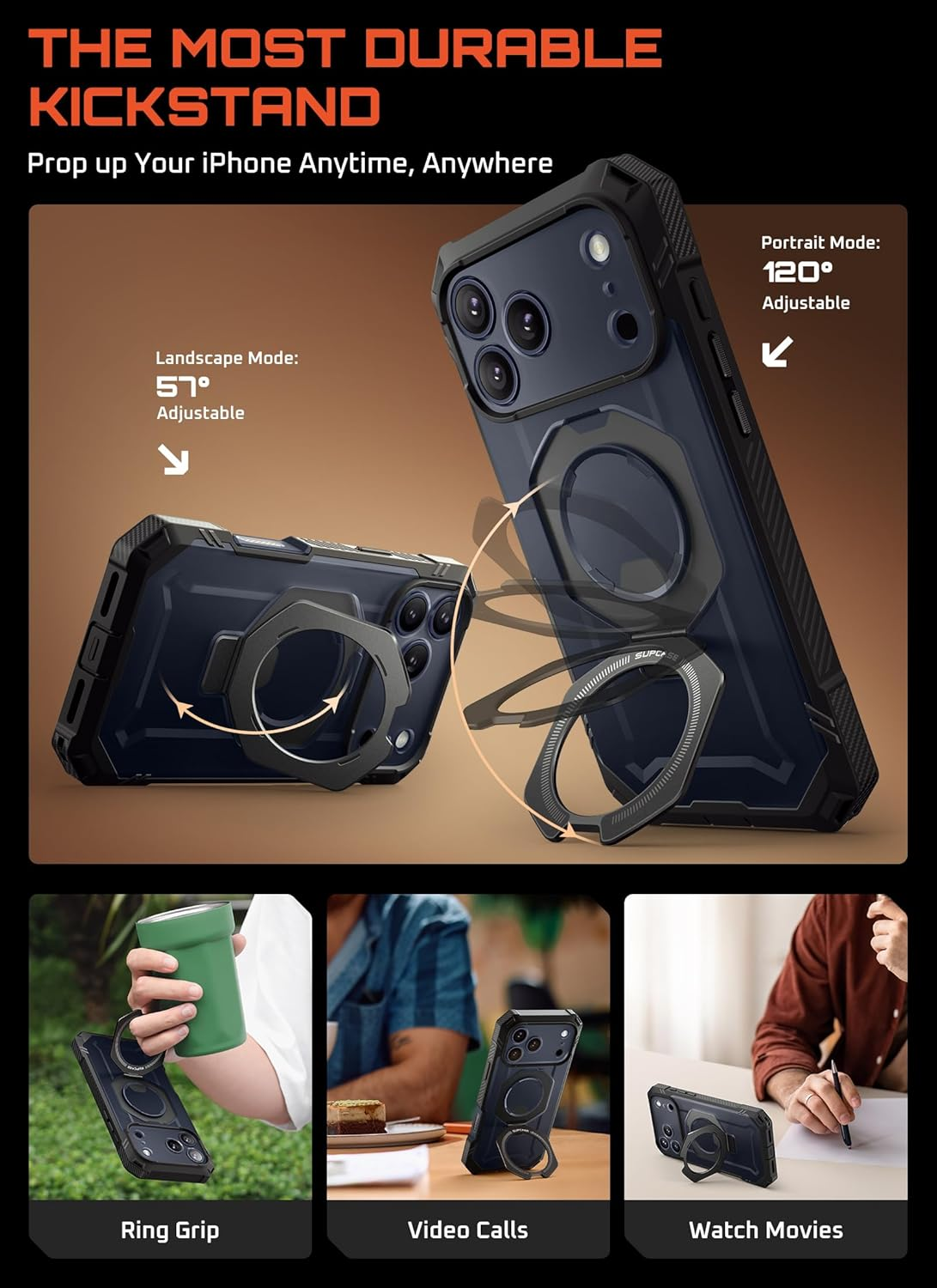 SUPCASE for Iphone 17 Pro Max Case with Tempered Glass Screen Protector (Ubgrip Pro), [Compatible with Magsafe] [Built-In Kickstand] Full-Body Heavy Duty Magnetic Case for Iphone 17 Pro Max, Black - Black image number 2