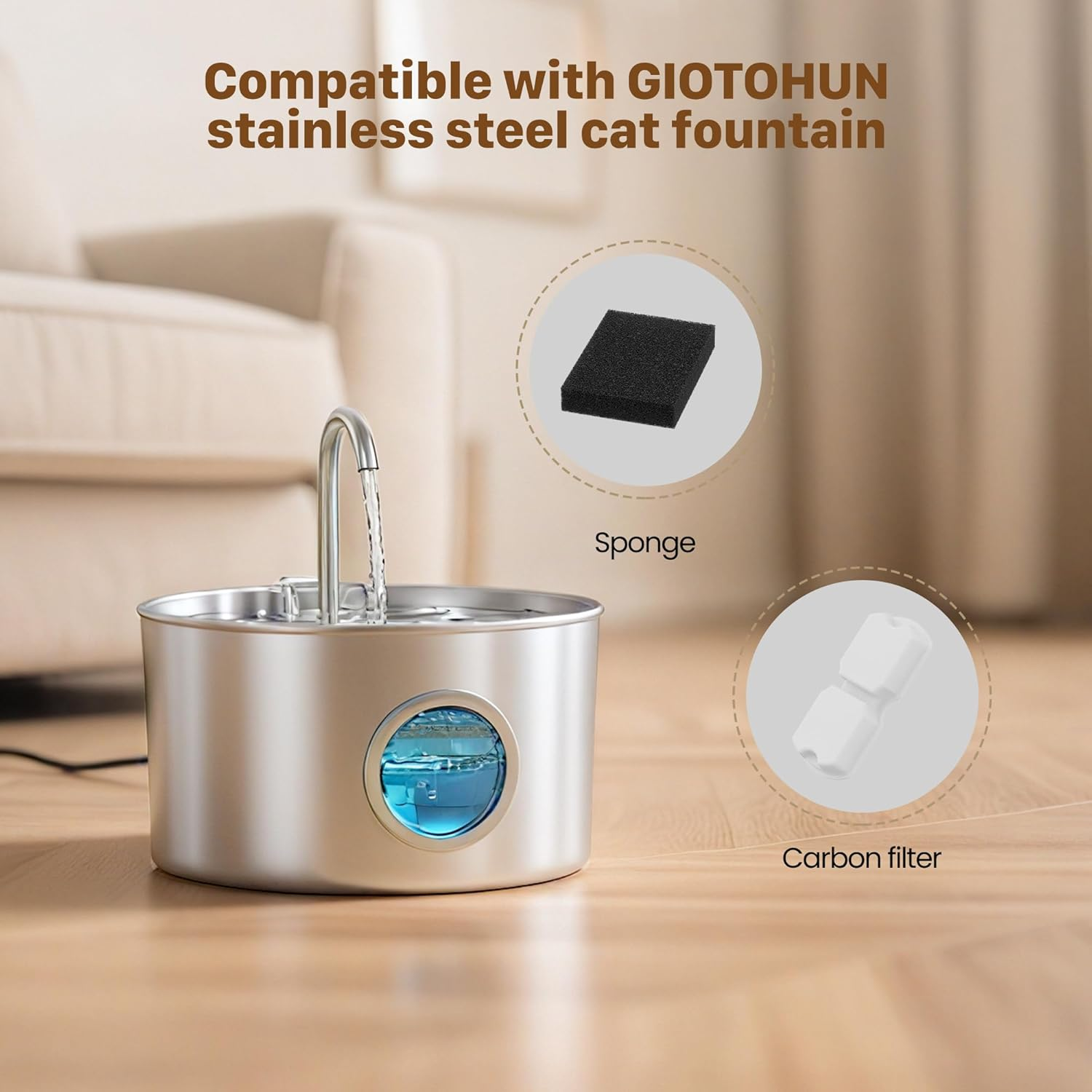 GIOTOHUN Cat Water Fountain Filter Replacement: 12 Filters - 6 Carbon & 6 Foam - Suitable for GIOTOHUN S11 Stainless Steel Cat Fountain image number 3
