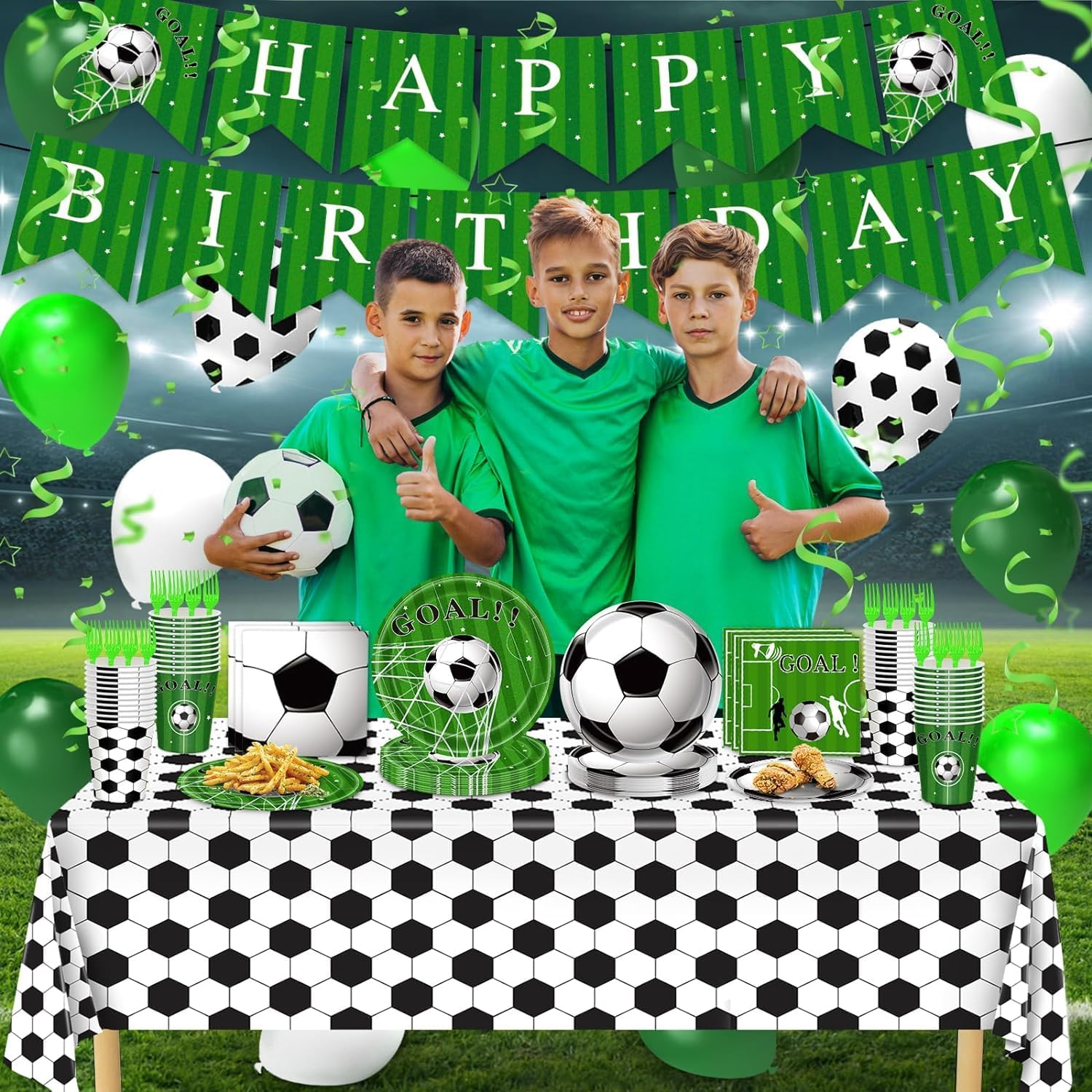 Soccer Party Decorations, 143Pcs Soccer Birthday Party Supplies Serves 24 with Soccer Plates and Tablecloth and Birthday Banner Balloons for Soccer Sports Theme Birthday Decorations image number 5