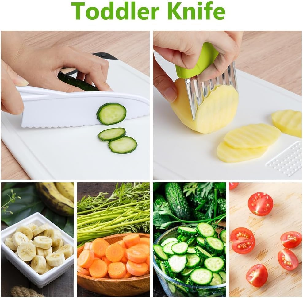 Kids Kitchen Knife, 7 Pcs Kids Knife Set Include Serrated Edges Plastic Toddler Chef Knife, Crinkle Cutter, Sandwich Cutter, Y Peeler, Cutting Board, Perfect for Toddlers Gifts for Boys and Girls