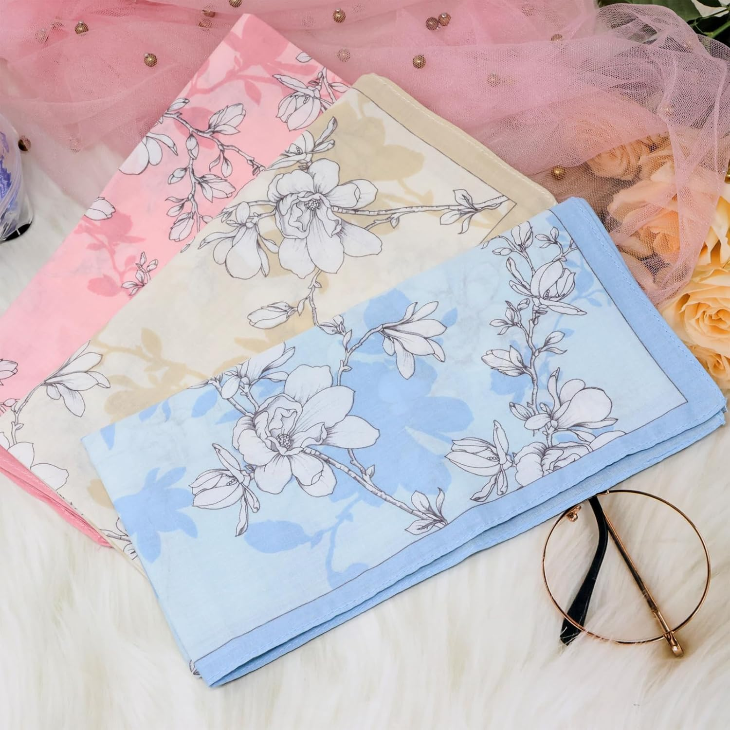 Yueton 3PCS Beautiful Floral Printing Handkerchief Soft Cotton Handkerchief Women Hankies, Three Colors, Three Colors image number 1