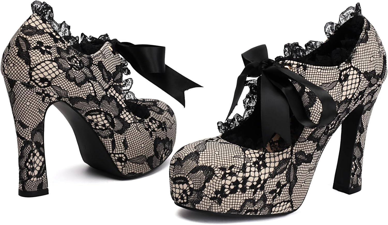 Elerhythm Women'S Lace Flower Mary Jane Punk Closed Toe Prom Costume Elegantes Gothic Pumps Vintage Sweet Platform High Heels Shoes image number 6