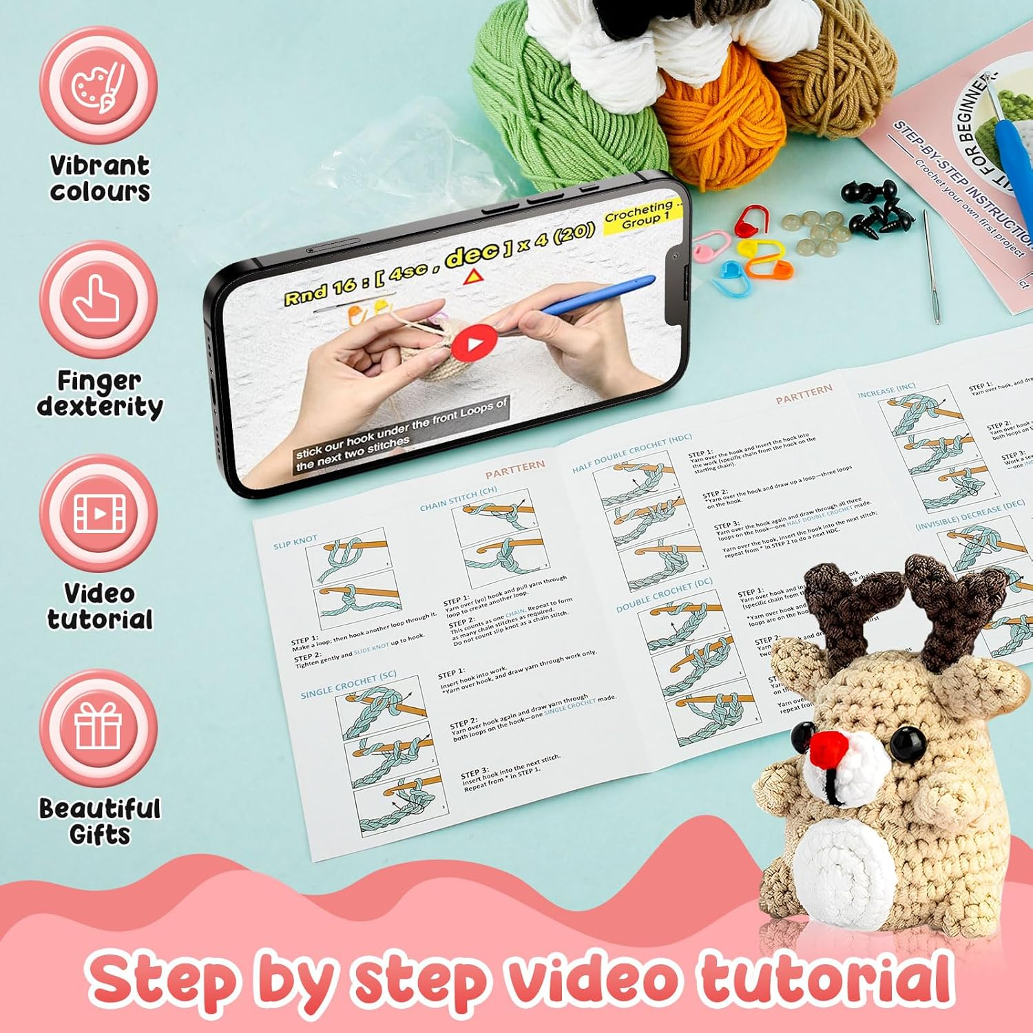 3Pcs Crochet Kit for Beginners,Ergonomic Adorable Animal Crochet Starter Pack with Yarn Stuffing and Keychain,Diy Crochet Craft Kit with Step-By-Step Instructions and Video Tutorials,Crochet Starter Pack for Adults (3Pcs) - 3Pcs image number 5