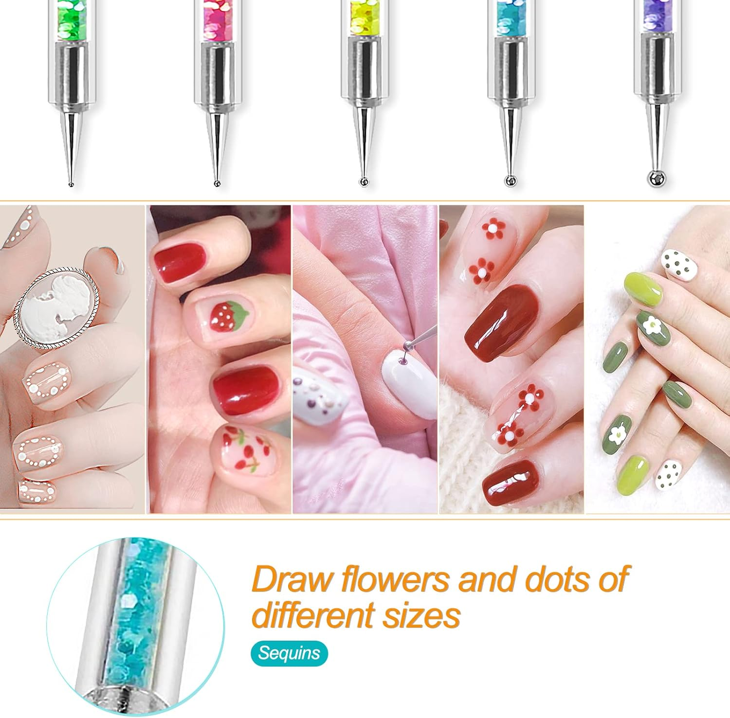 8PCS Function Nail Brush, Nail Liner Brush, Double Ended Nail Art Pen Brushes with Glitter Handle, for DIY Nail Art Designs Dot Pen Tools for Women Girls