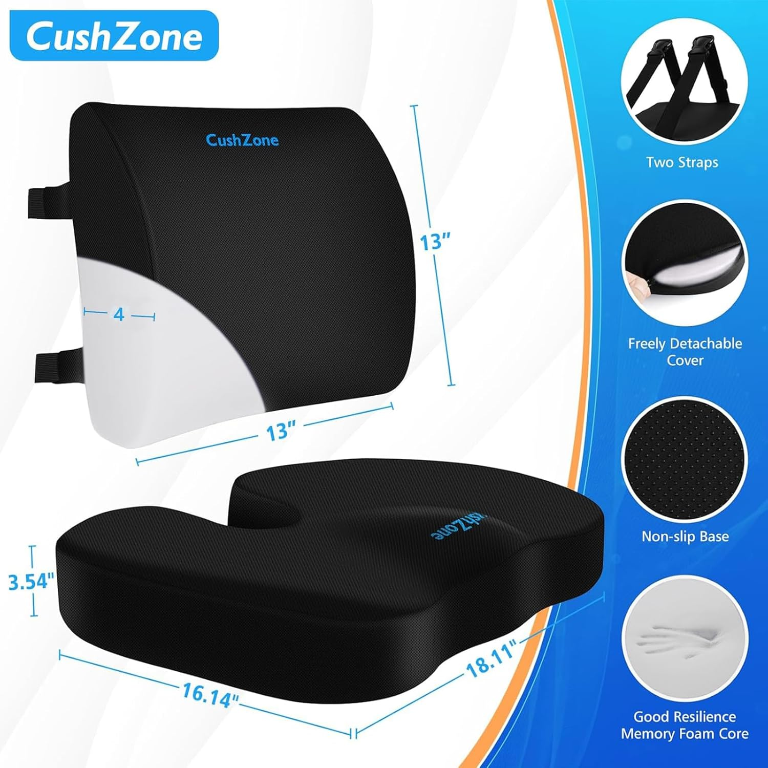 Seat Cushion, Lumbar Support Pillow with Adjustable Strap-Chair Cushions for Sciatica Pain Relief-With Washable Cover for Car, Travel and Wheelchair (Black) image number 1