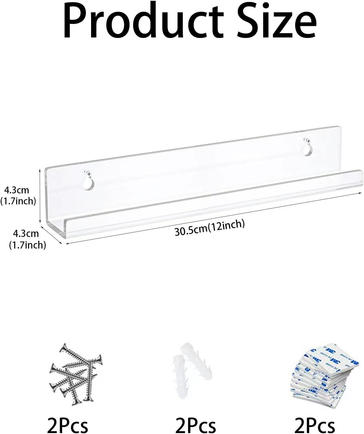 4 Pack Acrylic Shelves for Wall Storage, 12" Floating Bookshelves for Kids, Display Shelf Organizer for Bathroom, Bedroom, Living Room, Kitchen, Room Decor, Clear image number 6