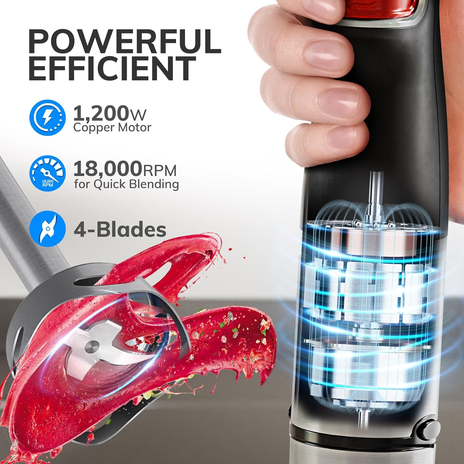 MIUI 1200W Immersion Handheld Blender, Blenders for Kitchen Hand Mixer Set, 14-Speed Stainless Steel Blade & Body Hand Stick, Hand Blender Electric with Egg Whisk, Perfect for Kitchen image number 3