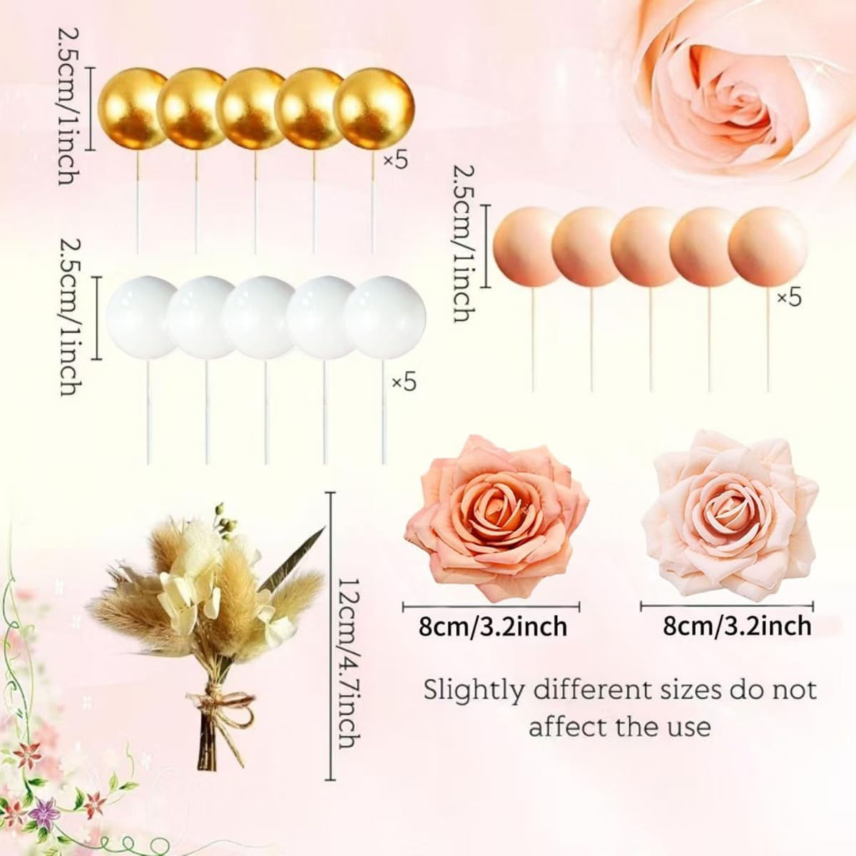 18Pcs Boho Flower Cake Topper Artificial Flower Foam Ball Cake Topper Decoration for Mother Women Girls Birthday Cake Decorations - Gold image number 3