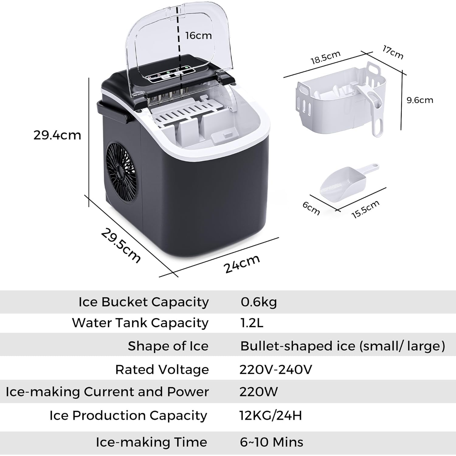 12KG Ice Maker Machine Portable Ice Cube Maker Countertop Black image number 5