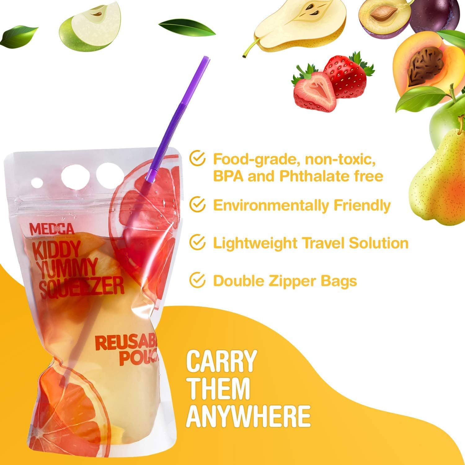 Reusable Drink Pouches - 30 Clear Drink Bags with 30 Straws - Double Zipper Reusable Smoothie Pouches Juice, Clear Zipper Pouch Storage Bags, Leak-Free and BPA Free image number 1