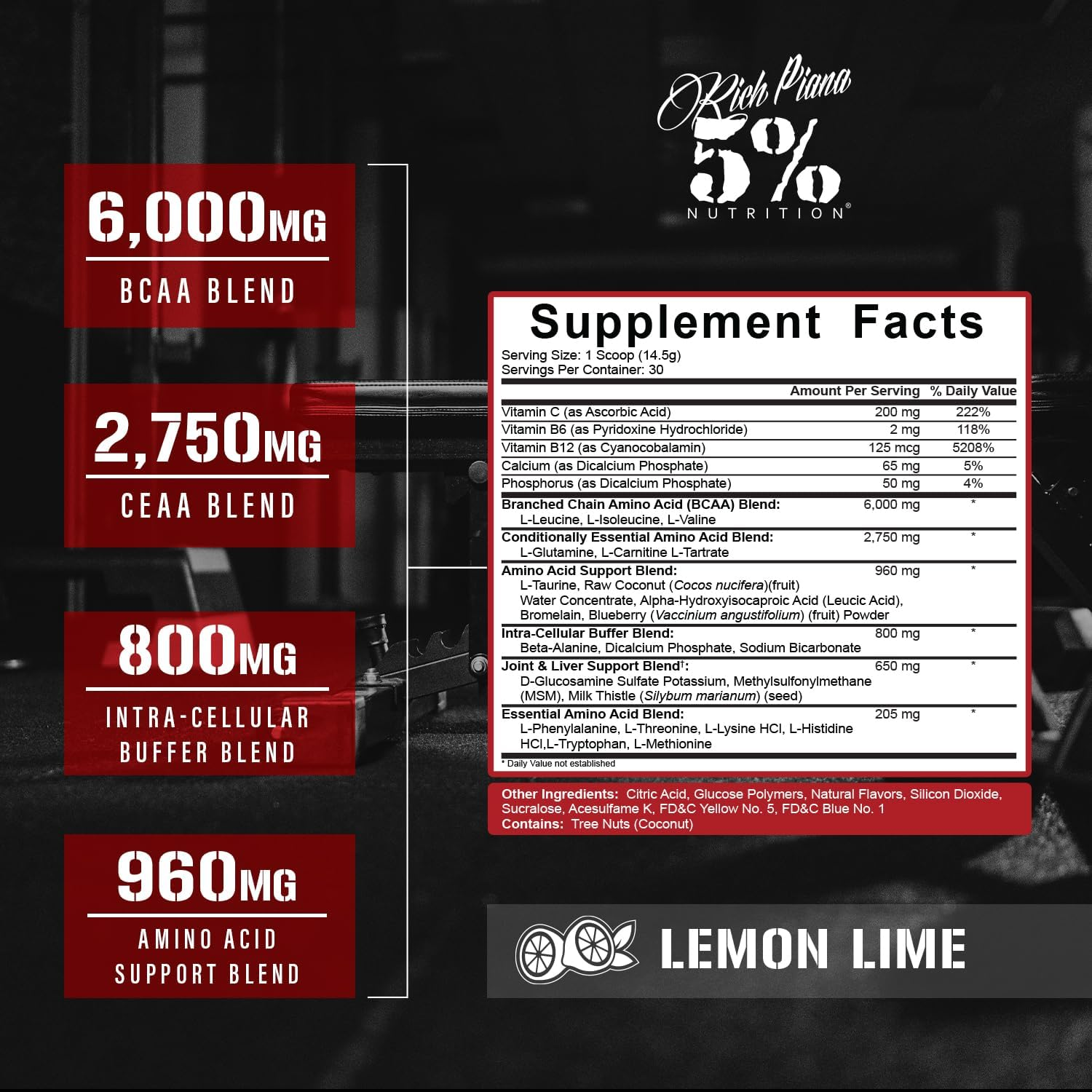Rich Piana 5% Nutrition All Day You May - Lemon-Lime Flavour - 10:1:1 BCAA Post Workout Muscle & Joint Recovery Drink Supplement Powder, Essential Amino Acids, Sugar-Free, 435G, 30 Servings image number 3