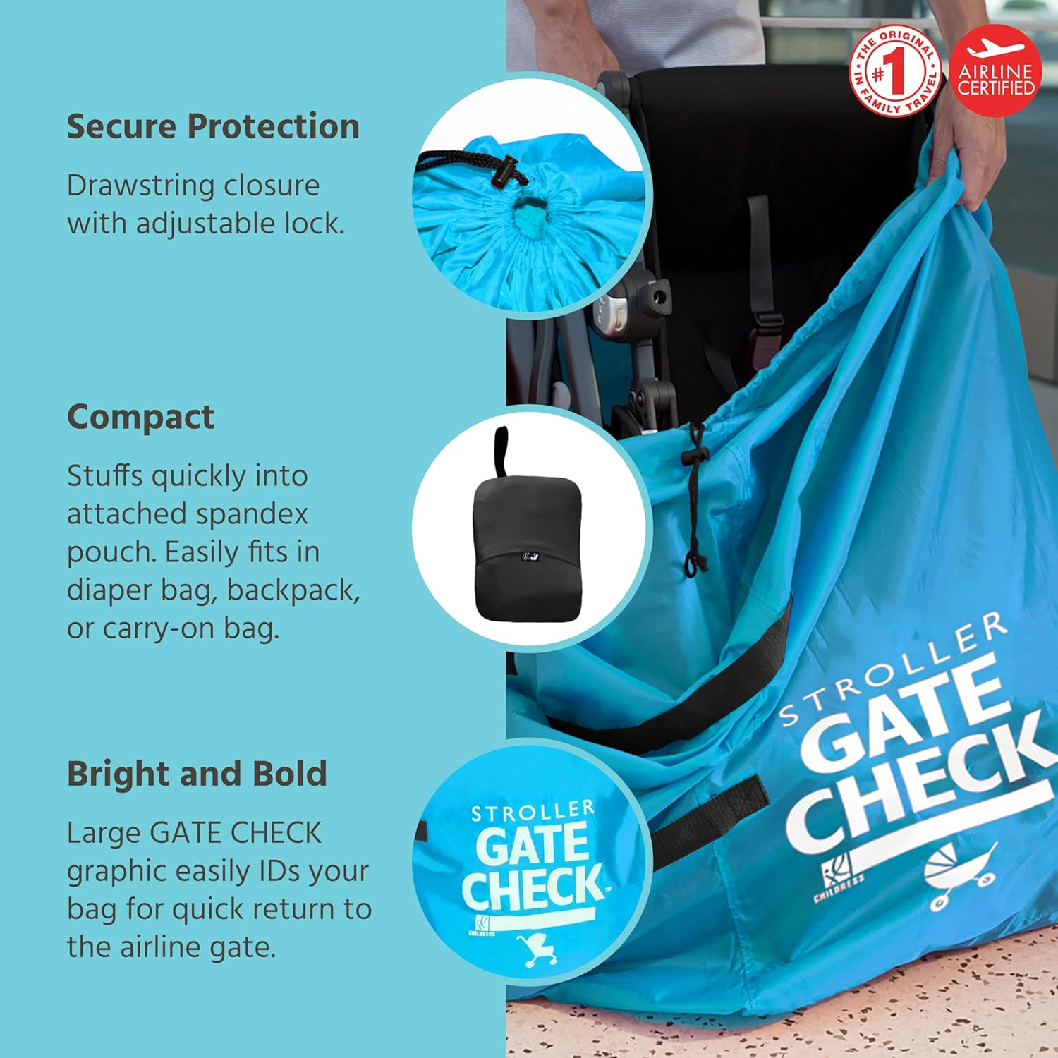 J.L. Childress Gate Check Travel Bag for Single & Double Stroller, Neon Blue image number 2