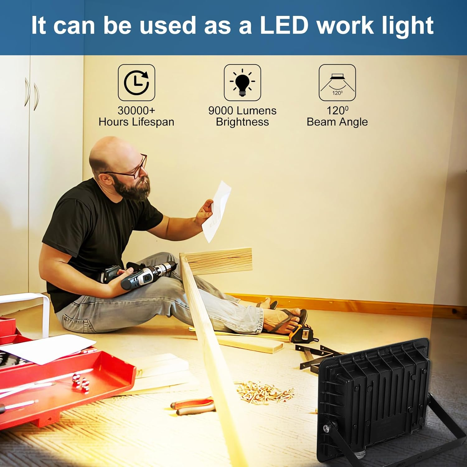 2 Pack 100W LED Flood Light Outdoor, 9000Lm LED Work Light, Floodlight with Plug On/Off Switch, 3200K Warm White Security Light for Yard Garden Stadium Garage Playground image number 1