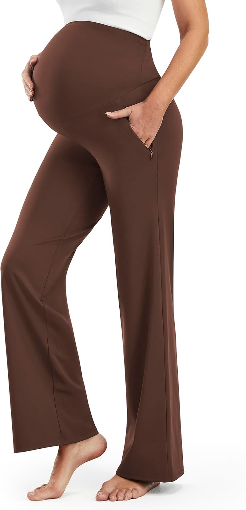 JOYSPELS Smooth Feeling Wide-Leg Maternity Work Pants Soft Pregnancy Yoga Pants with Zippered Pockets over the Belly image number 2