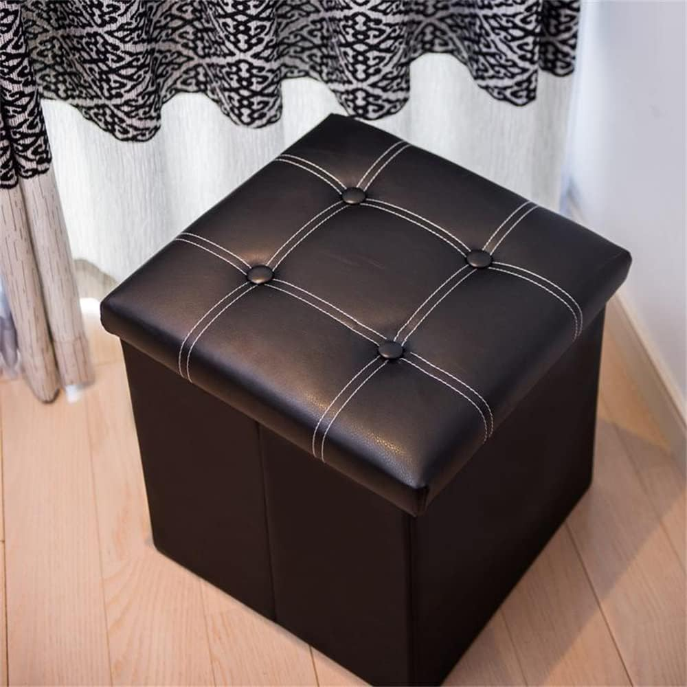 Folding Storage Bench Ottoman Storage Cube Boxes Footstool Stool Seat for Bedroom Hallway Small Faux Leather Footrest for Living Room, Bed Bench with Padded Seat Lid Square, Support 250Lbs,15In, Black - Rectangle Black image number 2
