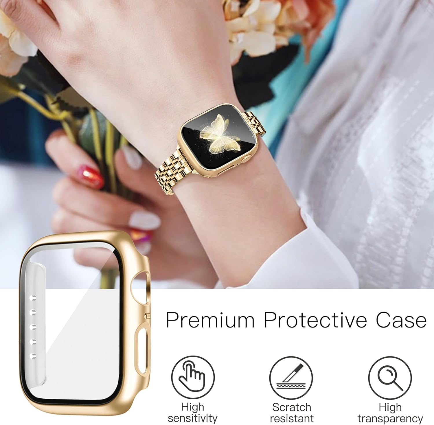 Ocaer Compatible with Apple Watch Bands with Case 40Mm 41Mm 42Mm 44Mm 45Mm 46Mm, Slim Metal Band with Screen Protector for Iwatch Series 11 10 9 8 7 6 5 4 SE 3,Stainless Steel Strap Women