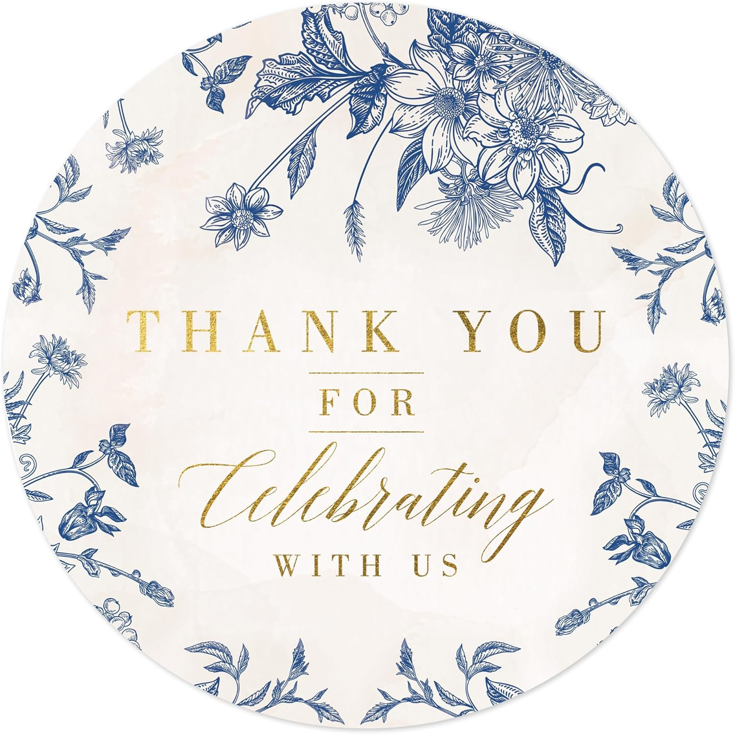 Mobiusea Creation Thank You for Celebrating with Us Stickers | Gold Foil Wedding Favor Stickers | 60Pcs Waterproof 2" Vintage Blue Floral Labels for Baby Shower, Bridal Shower, Parties image number 4