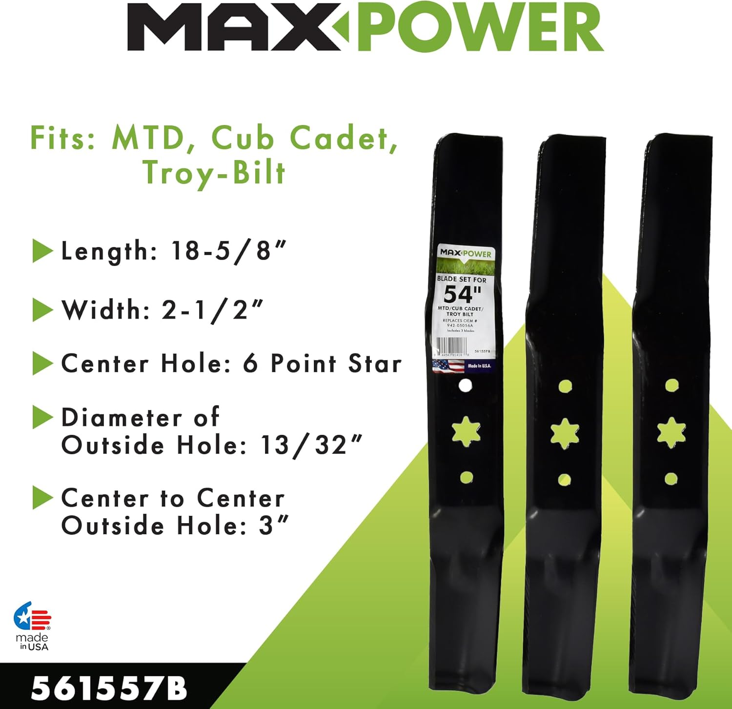 Maxpower 561557B 3 Blade Set for Many, Craftsman Mowers for 54" Cut Mtd/Cub Cadet/Troy-Bilt Replaces 742-05056, 942-05056, 742-05056A, 942-05056A, CMXGZAM110143 image number 1