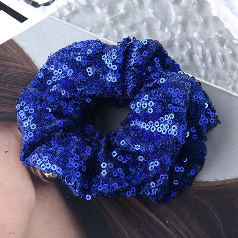 Navy Blue Scrunchies for Thick Thin Hair Ties for Girls Toddler Cheer Stuff for Kids Womens Blue Sequins Cheer Hair Pieces Ponytail Holders for Braids Glitter Rhinestone Cheerleader Scrunchie 2 Pcs