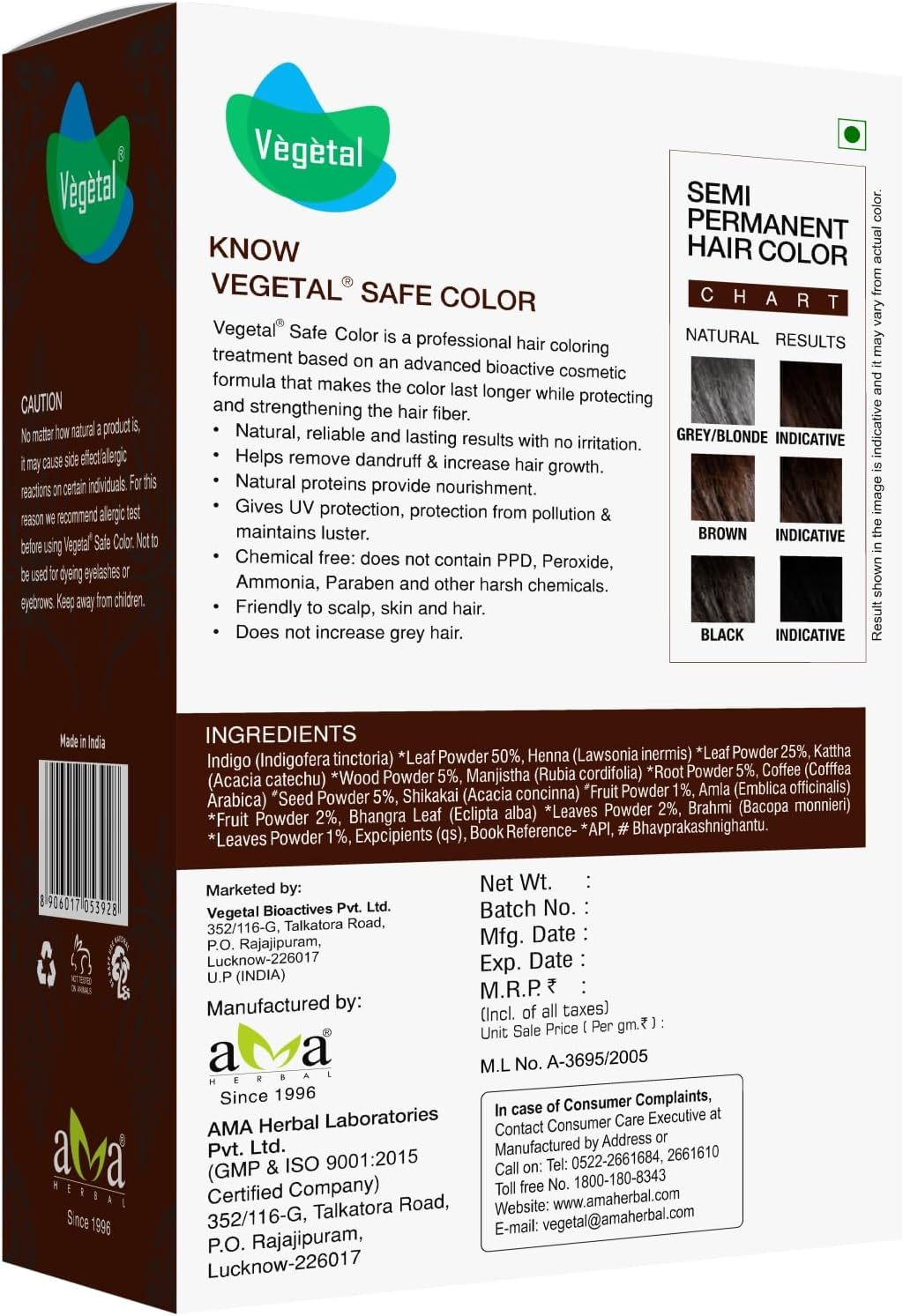 Vegetal Safe Hair Color - Dark Brown 50Gm - Certified Organic Chemical and Allergy Free Bio Natural Hair Color with No Ammonia Formula for Men & Women