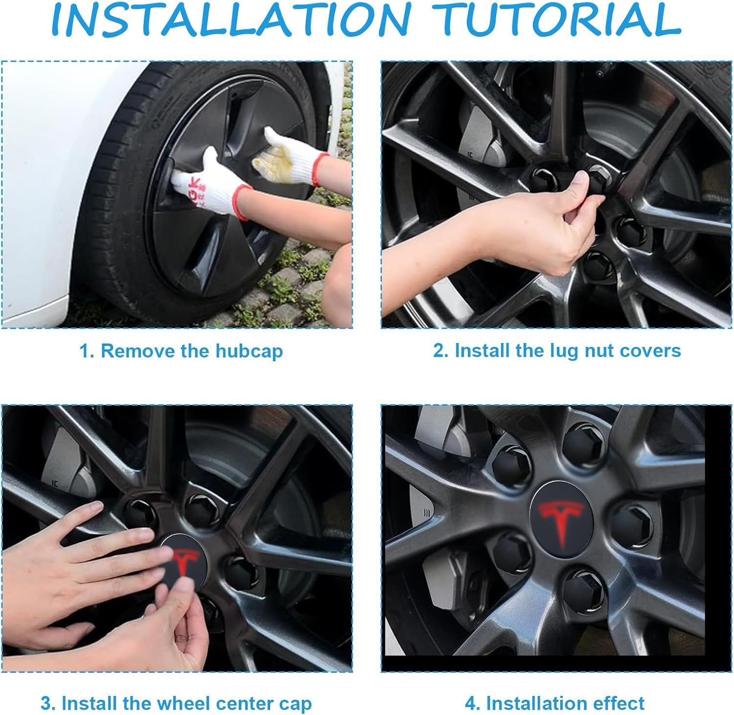 Hub Center Cover Kit, Including 4 Hub Center Covers, 20 Black Nut Covers and a Puller for Removal, Suitable for Tesla Model Y/Model 3 (Red) -Mecus image number 5