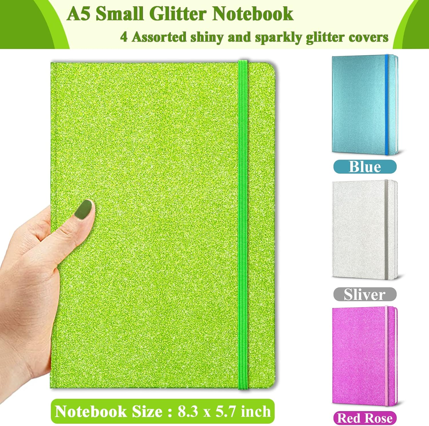 Green Glitter A5 Notebook, 8.3X5.7 Inches 160 Lined Pages Glitter Never Peel off Sparkle Writing Journal for Girls Ruled Hardcover Notebook for Teen Women Work Office Gifts image number 5