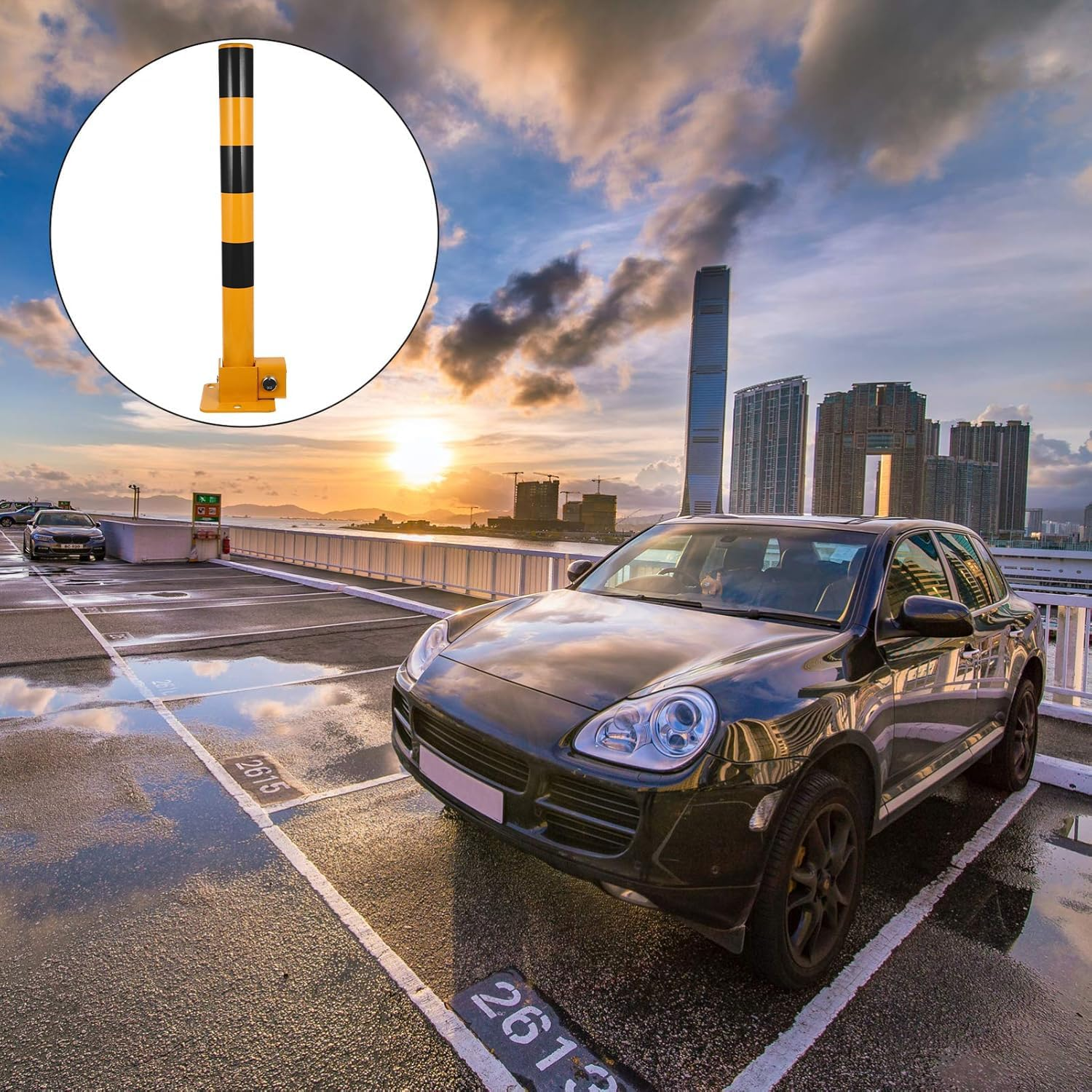 Heavy Duty Locking Security Bollard Post with Key - Anti-Car Theft Parking Barrier for Driveway, Garage & Street - Decorative Wrought Iron Protection Pole (Black) image number 3