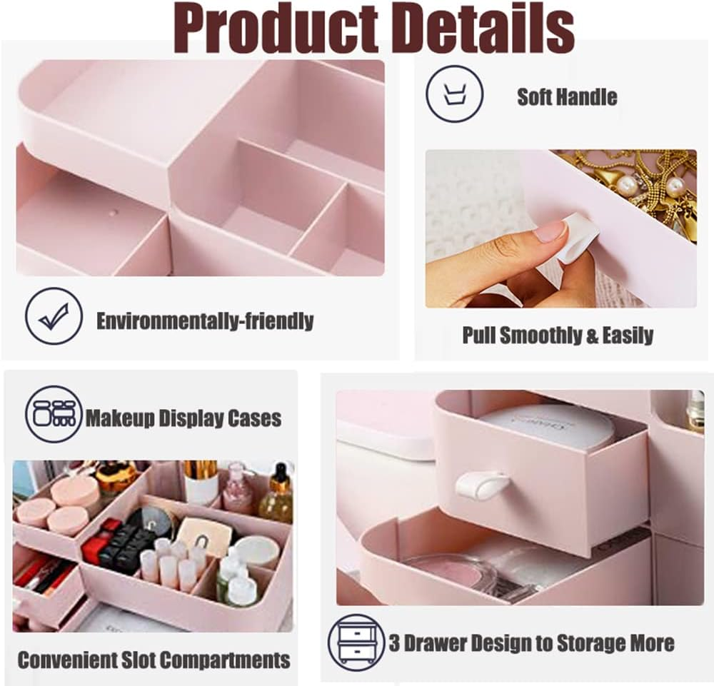 FOREVERIE Makeup Organisers Drawers, Plastic Cosmetic Case Storage, 3 Tier Desk Organiser Display, Jewellery Organiser Box for Bathroom, Bedroom and Home Office, Pink image number 1