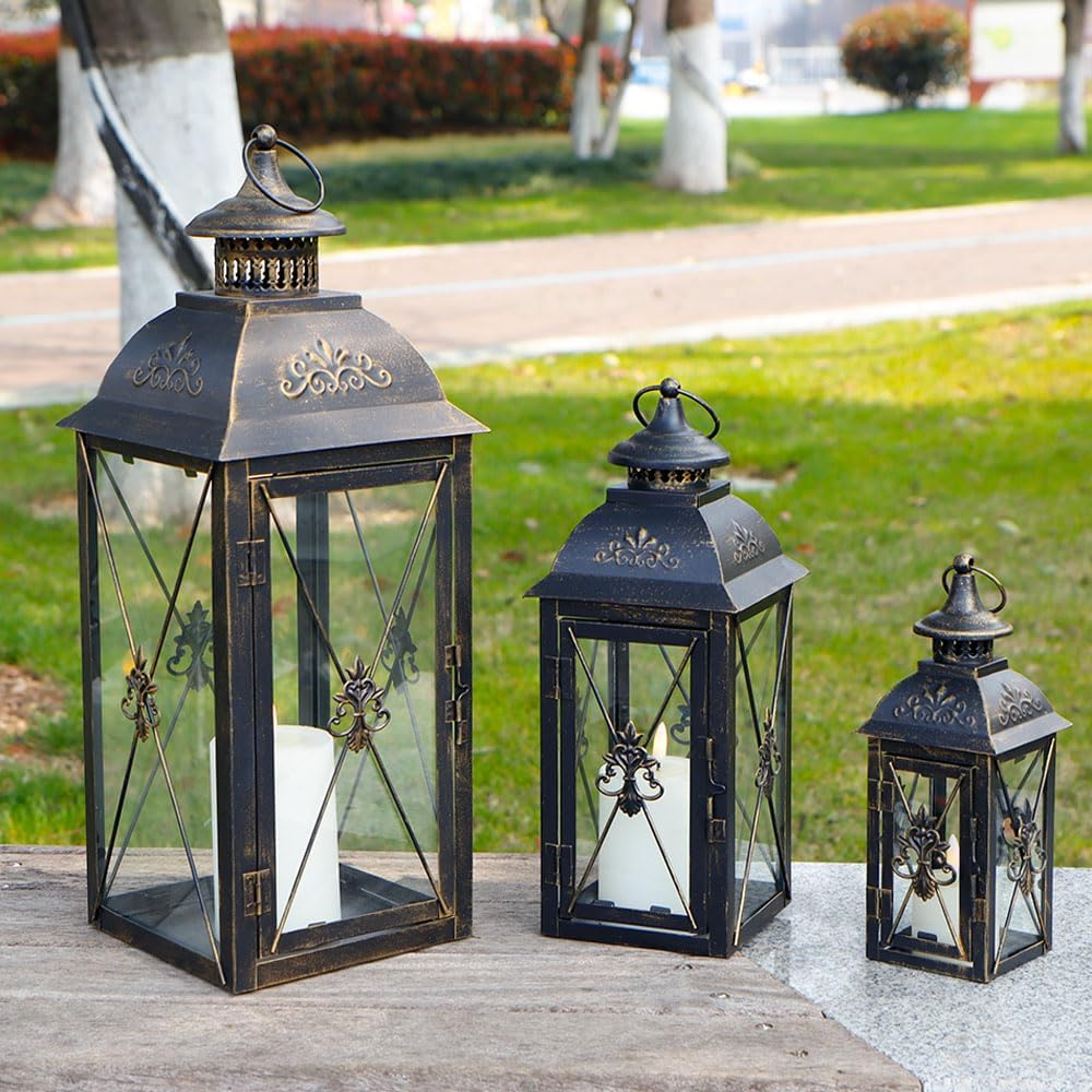 TRIROCKS Set of 3 Decorative Hanging Lantern 19'' High Vintage Metal Candle Holder with Clear Glass Perfect for Living Room Garden Yard Patio Parties Events Indoors Outdoors (Black) image number 6