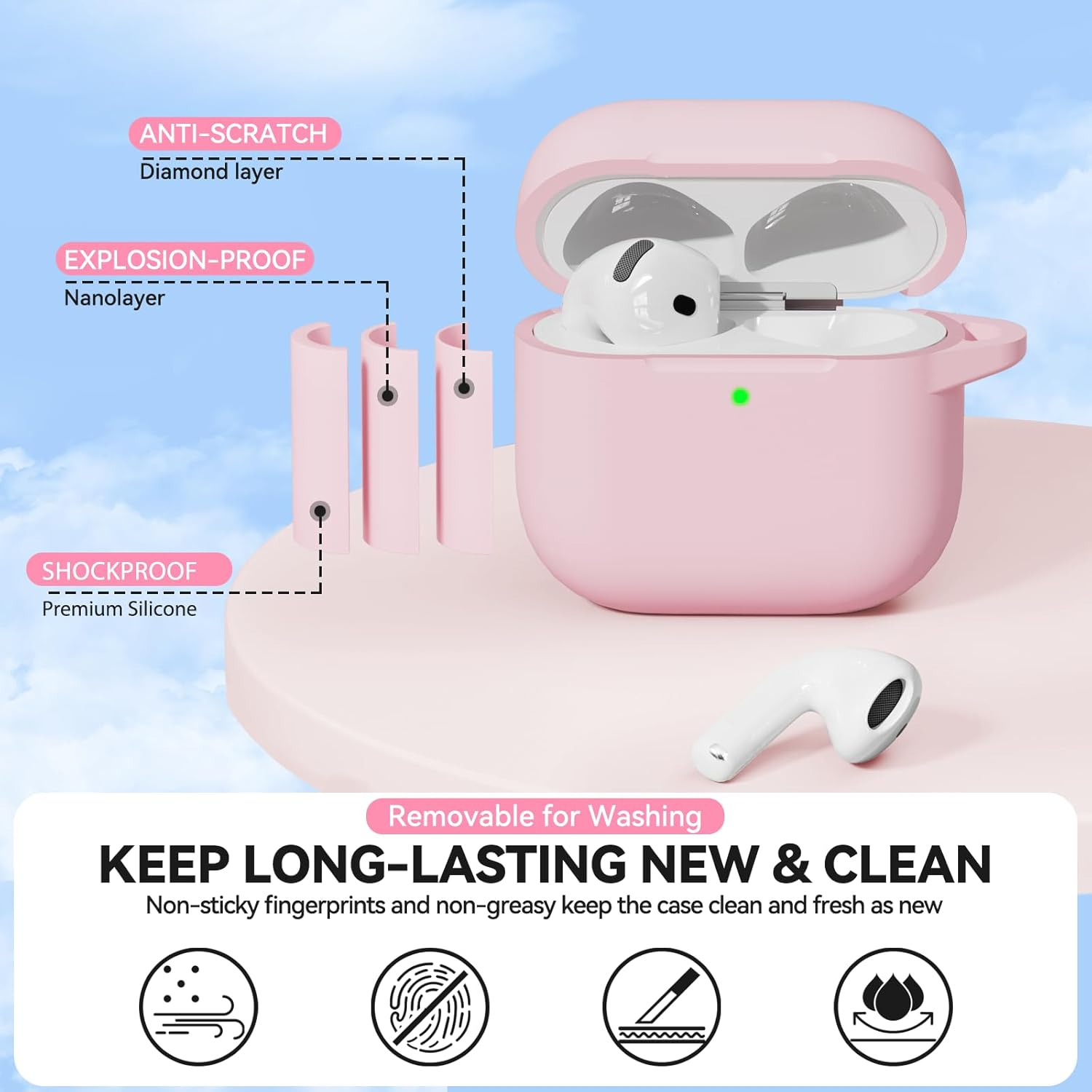 For Airpods 4 Case Cover, Silicone Protection Case for Airpods 4 Noise Cancellation/4Th Generation - [Support Wireless Charging], with Cleaning Kit and Carabiner - 1A-L-Light Pink image number 5