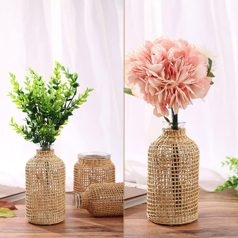 Decorative Glass Vase with Rattan Cover,Vintage Vase for Flower Wide Vase Floral Container for Dry Faux Flower Arrangements Home Decor (Wide-10.5Cm*11.5Cm*8.2Cm)