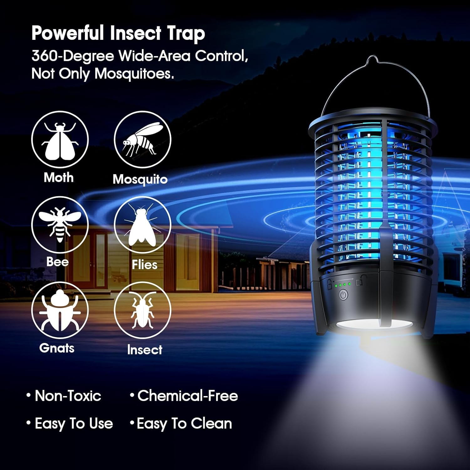 Bug Zapper Electric Flytrap, Rechargeable Mosquito Zapper 4200V Fly Zapper with LED Light Insect Killer, Fly Killer IPX5 Waterproof Mosquito Trap Outdoor for Patio, Backyard, Garden