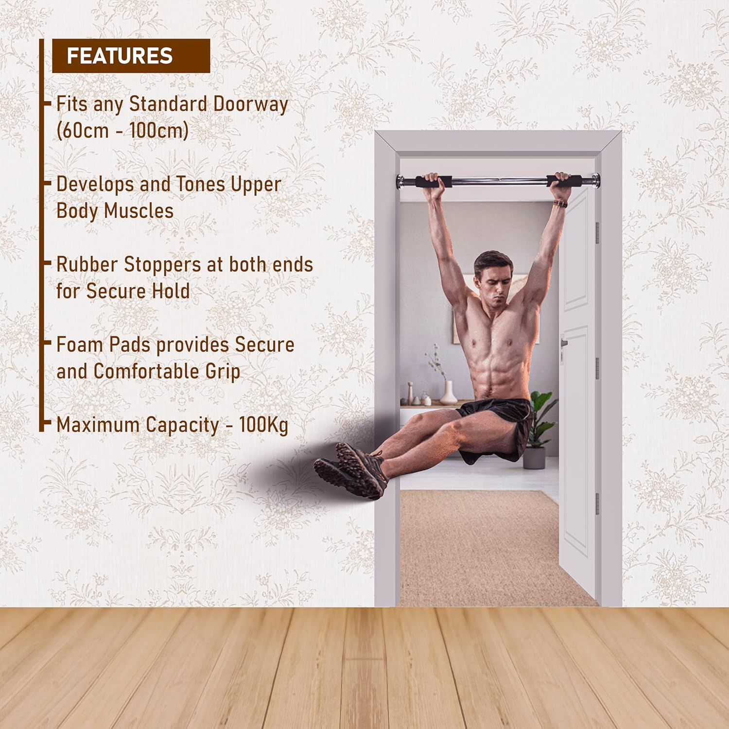Endless EL1035 Stainless Steel Adjustable Pull up Bar for Home Doorway | Material : Stainless Steel | for Strengthening Exercises at Home or Gym with Anti-Skid Cushion Grip | for Adult, Men and Women image number 5