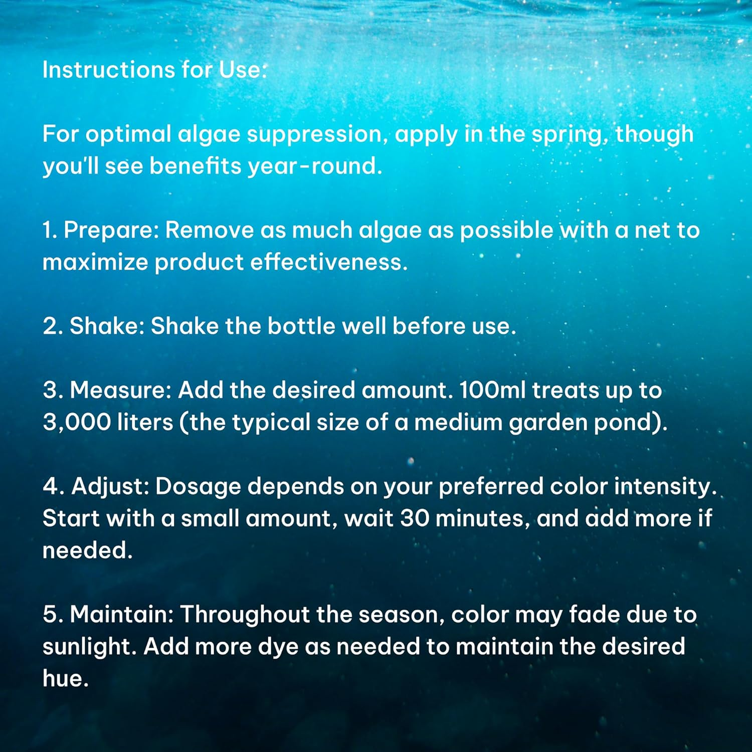 Caplintec Blue Pond Dye | Eco-Friendly Blue Liquid Pond Dye Safe for Fish and Wildlife | Pond Algae Control & Weed Prevention | Water Garden Pond Treatment 3000 Litres Coverage (100 Ml, Blue) image number 6