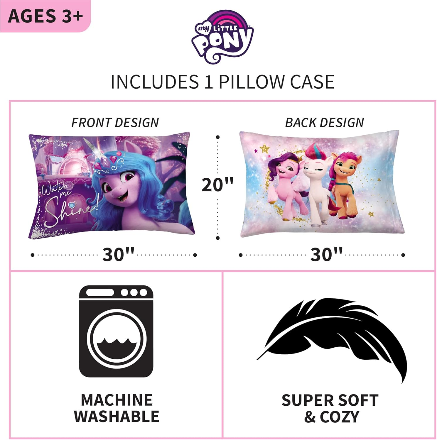 Franco Kids Bedding Super Soft Microfiber Reversible Pillowcase, 20 in X 30 In, My Little Pony image number 1