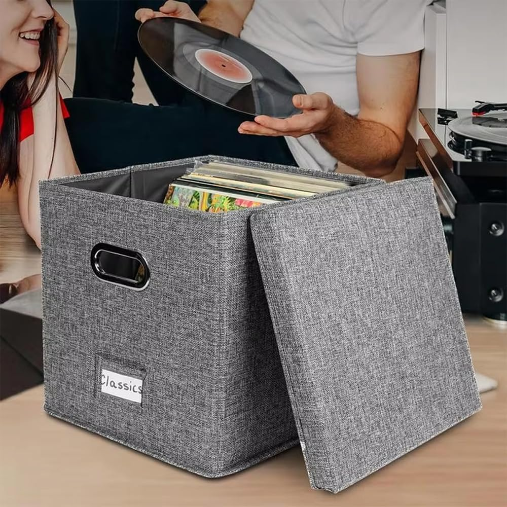 TOMVAES Vinyl Record Storage Box,Records Crate,Album Storage,Fabric Storage Boxes with Lids for Moving,Office,Closet,Home Organizer,33X33X33Cm,Grey image number 5